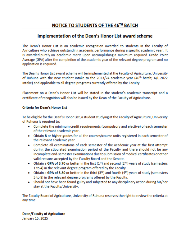 Implementation of the Dean’s Honor List award scheme